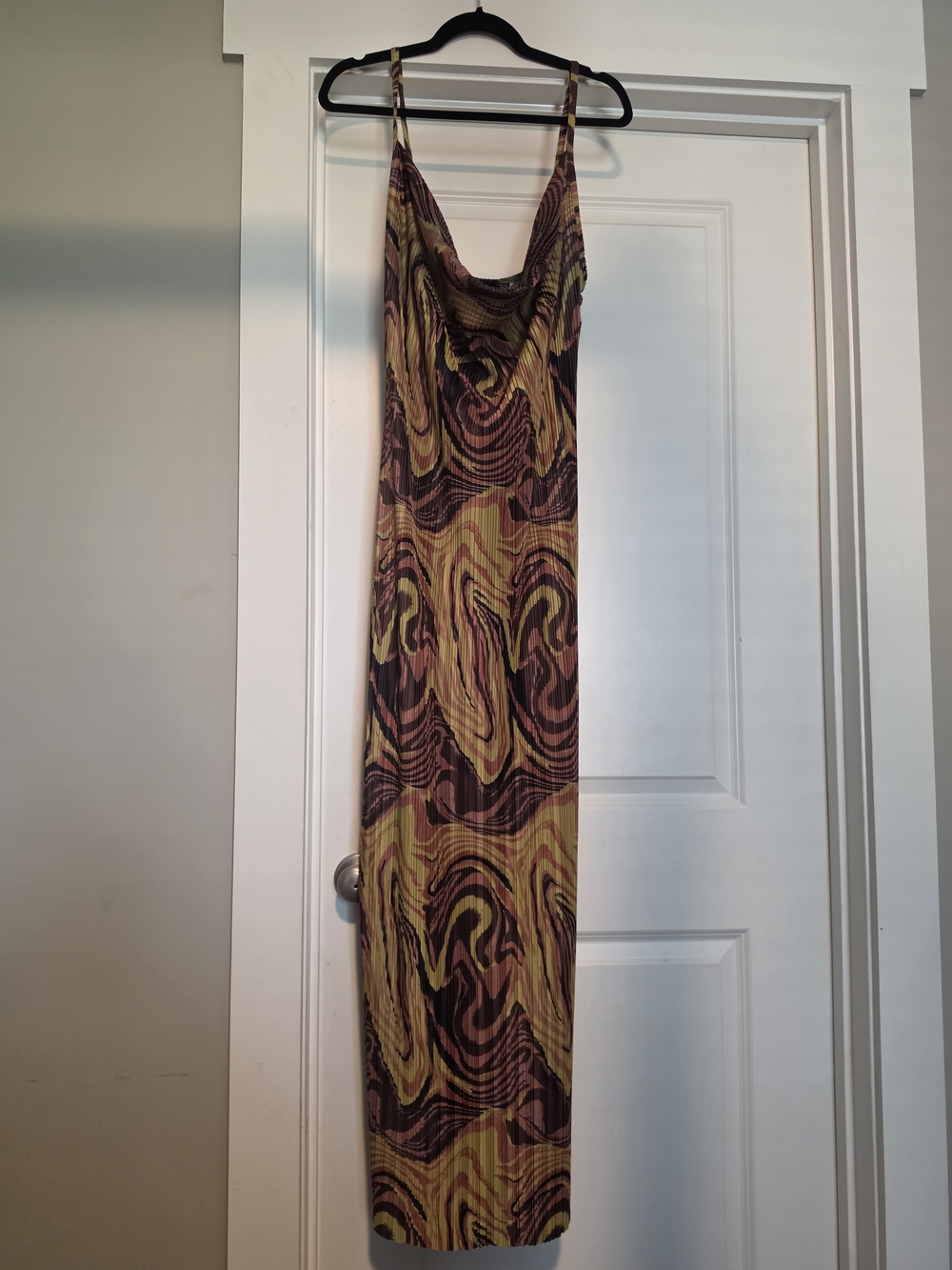 Sleeveless Cowl Neck Maxi Dress in Brown and Green Swirl